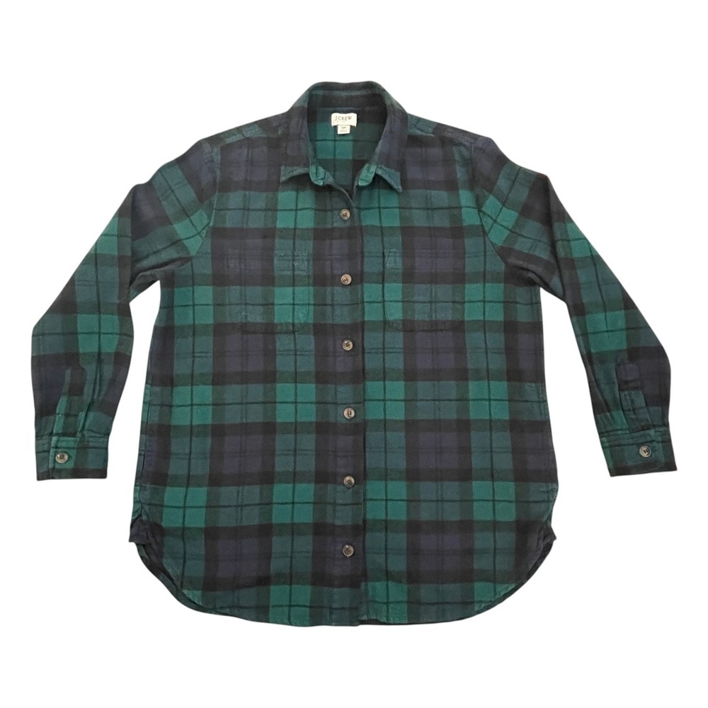 J.Crew Re-Imagined Womens SMALL Navy/Green Plaid Button Down Flannel Shirt CLEAN